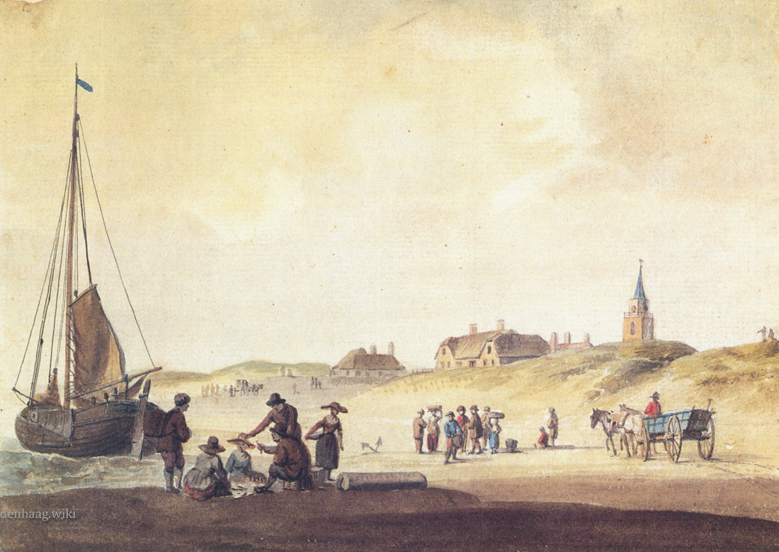 Het Scheveningse strand in 1789 geschilderd door  Nicolaas Lodewijk Penning.