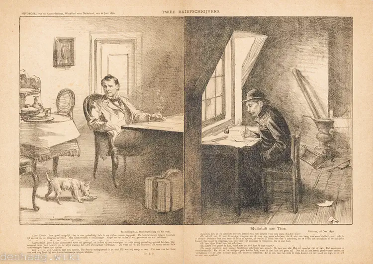 Op 22 juni 1890 nam  het tijdschrift de Groene Amsterdammer deze spotprent op.  Met links de aristocratische Busken Huet die in welstand leefde en rechts de arme schrijver Multatuli.