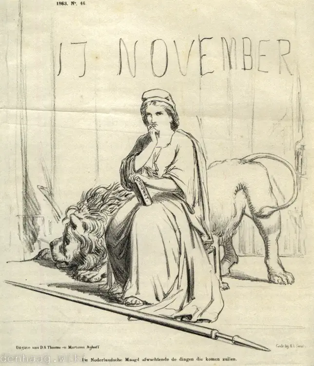 Het Nationaal Gedenkteeken 1813 kwam zeer moeizaam tot stand. Deze spotprent uit het tijdschrift de Nederlandsche Spectator  laat een wachtende Nederlandse maagd en Nederlandse leeuw zien.