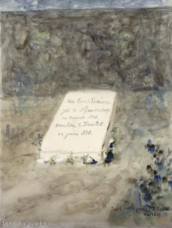 Carel Vosmaer ligt begraven in Territet, Zwitserland. Jozef Israëls schilderde het graf in 1891.